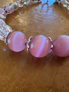 Pink Cat-Eye Beaded Bracelet with Silver Accents